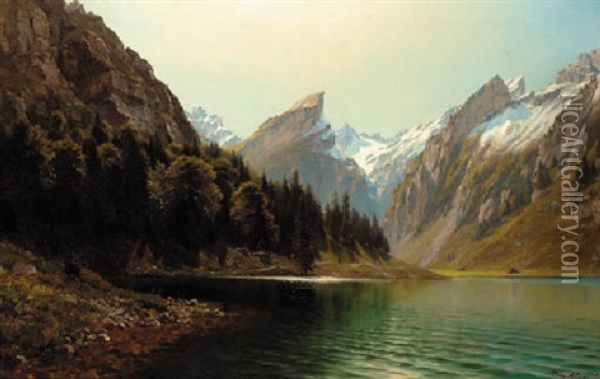 An Alpine Lake Landscape Oil Painting - Hans Christian Fischer