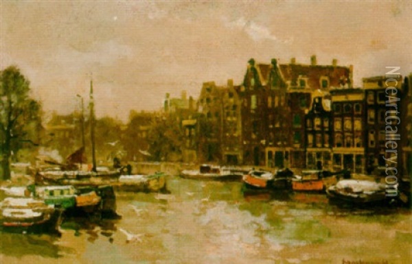 A View Of An Amsterdam Canal Oil Painting - Frans Langeveld
