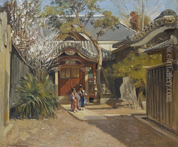 A Temple Courtyard (+ Figures Before A House; Pair) Oil Painting - John Varley the Younger