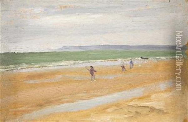 Figures On A Beach (mountain Landscape Verso) Oil Painting - Lowes Dalbiac Luard