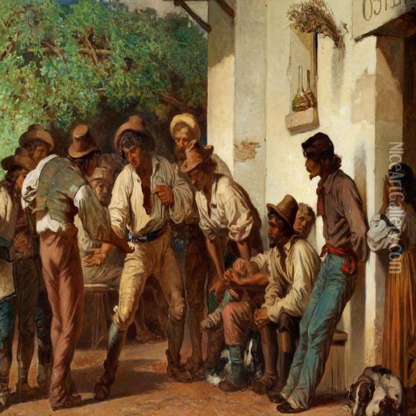 Italian Morra Players Outside An Osteria Oil Painting - Henri Alexandre Georges Regnault