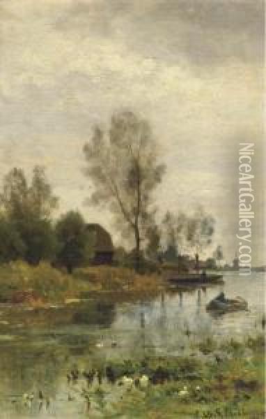 Rowing Down The River Oil Painting - Julius Jacobus Van De Sande Bakhuyzen