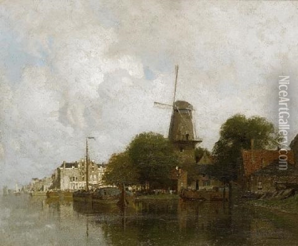 View Of The River Amstel, Amsterdam Oil Painting - Johannes Christiaan Karel Klinkenberg