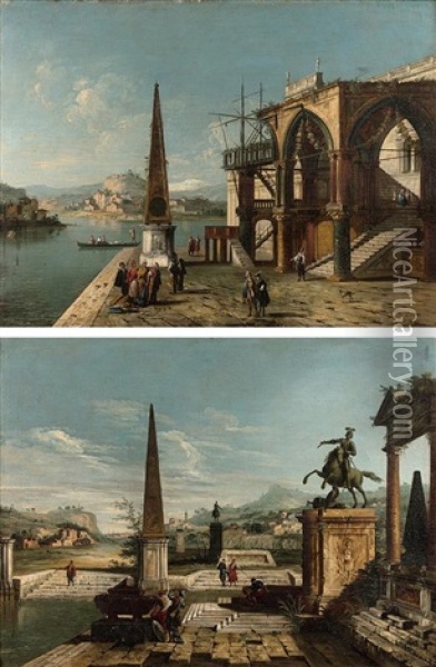 Caprice Venitien Avec Un Portique Gothique Et Un Obelisque Oil Painting - Francesco Albotto