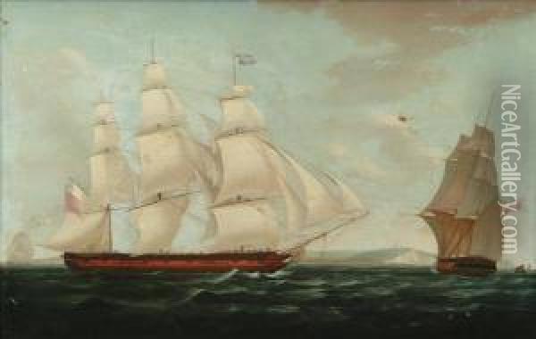 The Hon. East India Company's 
Ship Believed To Be Lady Jane Dundas, In Two Positions, Off Dover Oil Painting - William Huggins