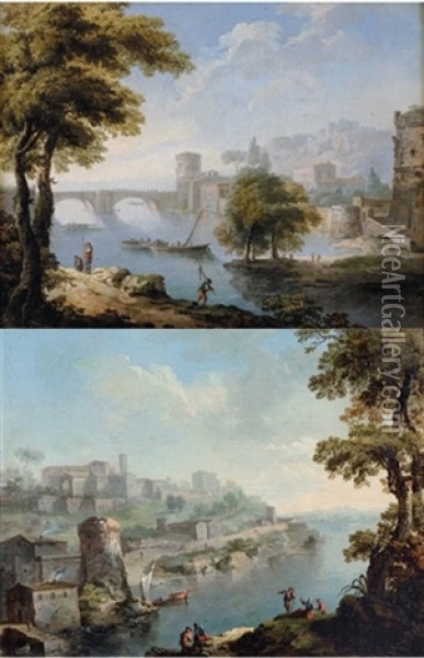 Paysage Du Latium Avec Pont (+ Paysage Du Latium Avec Village Surplombant Une Riviere; Pair) Oil Painting - Paolo Anesi