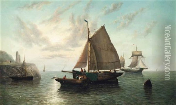 Yarmouth Fishing Boats Lying Off The Coast At Dusk Oil Painting - Francois-Etienne Musin
