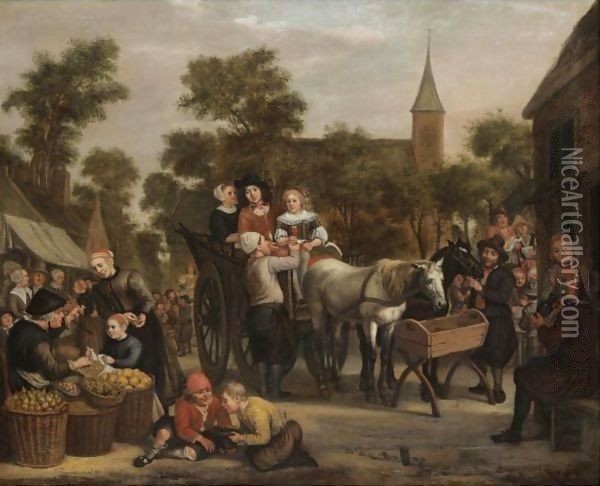 A Market Scene, With A Horse And Cart And Travellers Taking Refreshment Oil Painting - Jan Victors
