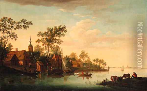 A village on a river Oil Painting - Jacob van Strij