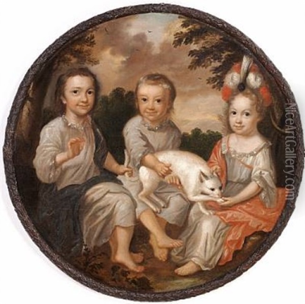Three Siblings Of The Gyldenkrone Family Playing With A Cat Oil Painting - Jens Thrane the Younger