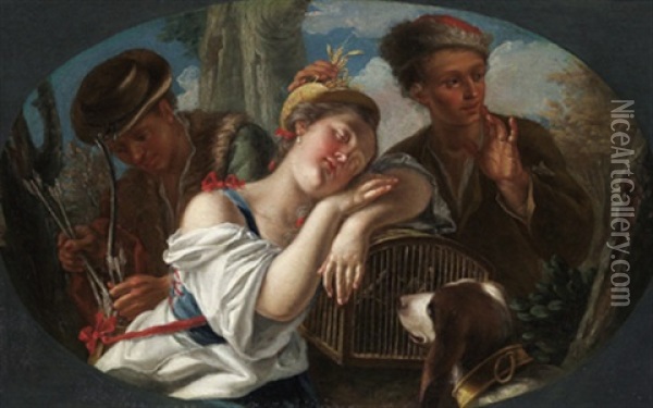 Giovane Donna Dormiente Tra Due Giovanotti: Ein Schlafendes Madchen Zwischen Zwei Jungen Mannern Oil Painting - Pietro Bardellino