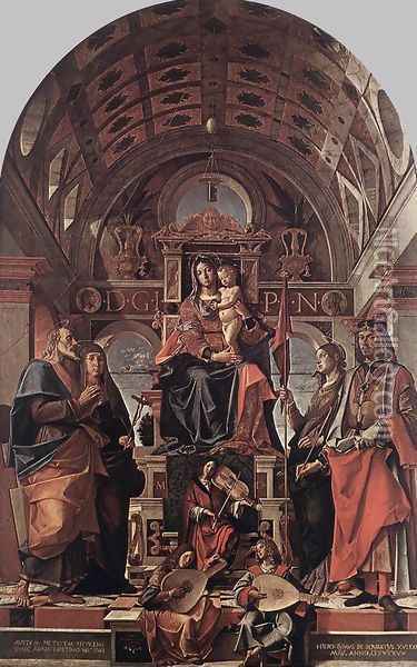 Madonna and Child Enthroned with Saints 1498 Oil Painting - Bartolomeo Montagna