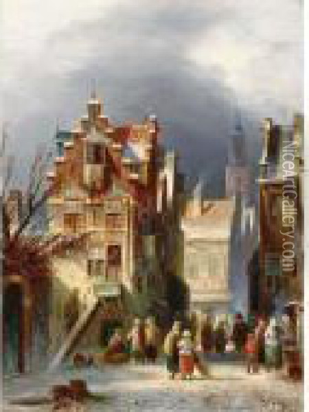 Figures In A Wintry Dutch Town Oil Painting - Johannes Franciscus Spohler