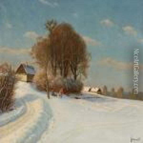 Winter Landscape With Two Children Sledding In Thesnow Oil Painting - Emil Winnerwald