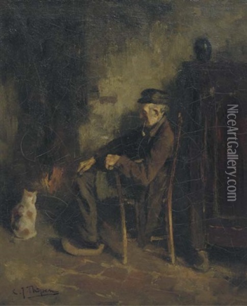 Resting By The Fire Oil Painting - Carolus Johannes Thysen