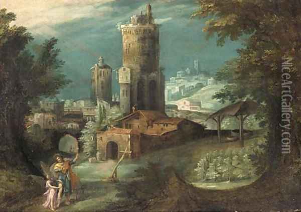 An extensive Italianate landscape with Jacob wrestling with the Angel Oil Painting - Jan Soens