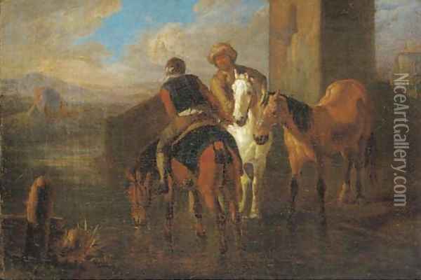 Riders at halt by a river in an Italianate landscape Oil Painting - Pieter van Bloemen