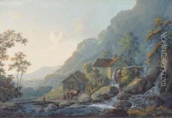 Travellers At Cynwyd Mill, Wales Oil Painting - John Laporte