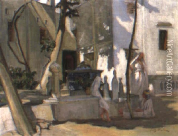 Femmes Dans La Cour De La Mosquee De Sidi Abd-er-rahman, Alger Oil Painting - Fritz Muller