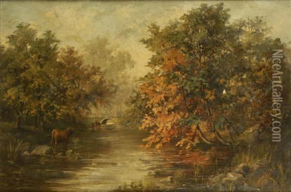 Autumn,cattle Watering In The Shallows Of A River Oil Painting - Arthur Edward Blackmore
