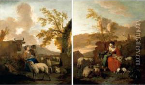 An Italianate Landscape With A 
Shepherdess Attending Her Animals And Reading A Letter To Her Son Oil Painting - Simon van der Does