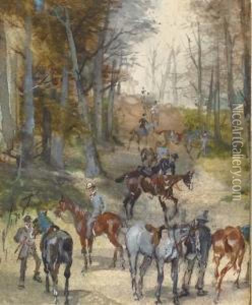 Des Cavaliers Montant Dans Un Sous-bois Pendant Un Chasse A Courre Oil Painting - Jules, Baron Finot