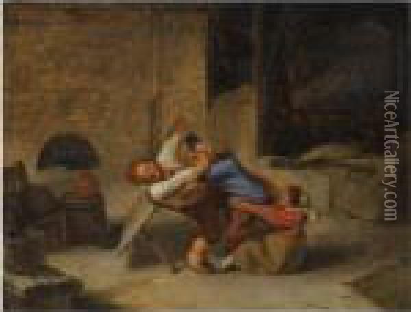 Three Peasants Fighting In A Barn Interior Oil Painting - Adriaen Brouwer