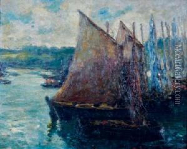 Boats Docked In The Harbor Oil Painting - Arthur William Woelfle