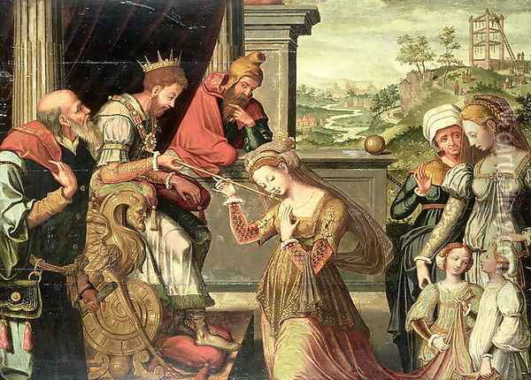 Esther before King Ahasuerus with Haman being sent to the Gallows beyond, 1577 Oil Painting - (studio of) Claeissens, Anthuenis (1536-1613)