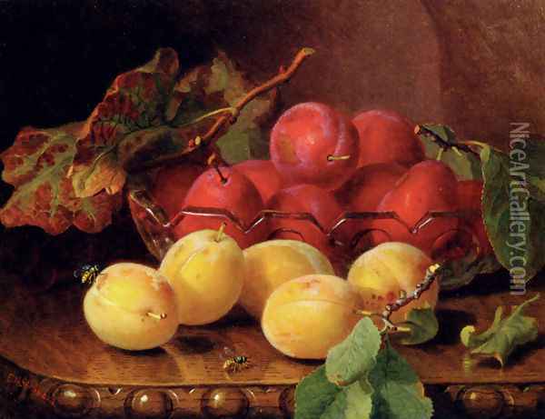 Plums On A Table In A Glass Bowl Oil Painting - Eloise Harriet Stannard