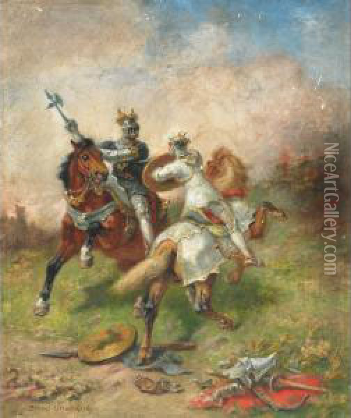 Knights In Battle On Horseback Oil Painting - Pierre Auguste Brunet-Houard