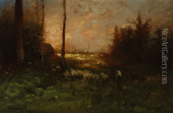 Shepherd And Sheep In An Atmospheric Landscape Oil Painting - George Inness