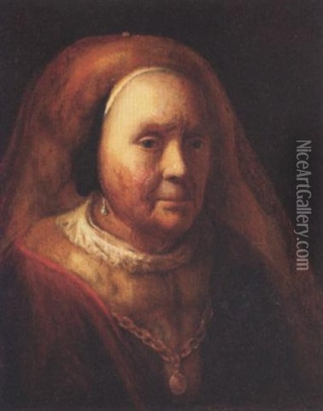 An Elderly Woman Wearing A Yellow-brown Fur Dress With White Collar, A Red Cloak, Pearl Earrings, A Golden Chain And A Veil Oil Painting - Willem Drost