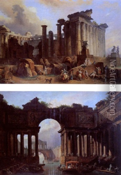 Les Marchands Orientaux Au Pied De Ruines De Temples Antiques Oil Painting - Hubert Robert
