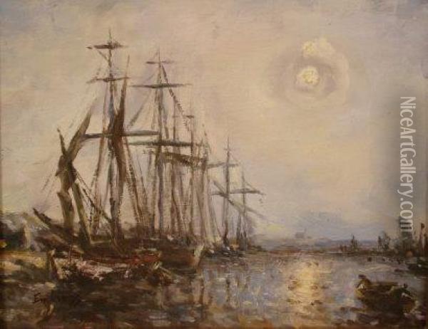 Moonlight Harbour With Moored Oil Painting - Frank Myers Boggs