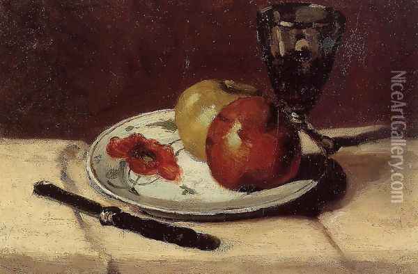 Still Life Apples And A Glass Oil Painting - Paul Cezanne