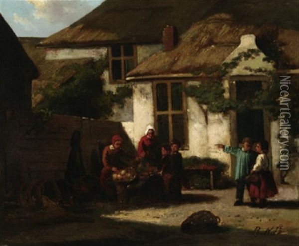 Vesperzeit. Bauernfamilie Beim Gemuseputzen Auf Dem Hofe Oil Painting - Philippus Anthonius Alexander Kanne