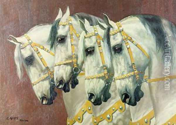 Heads of Four Horses Oil Painting - Oskar Merte