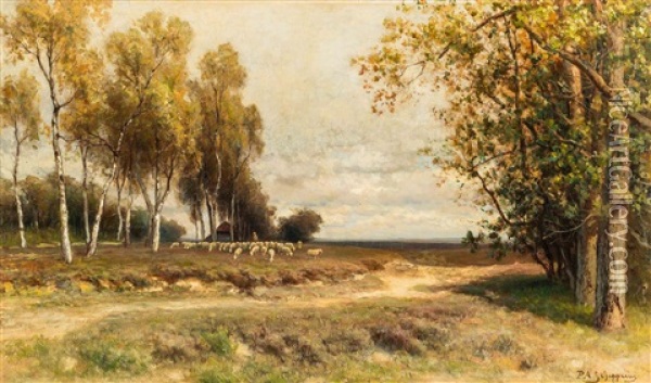 Shepherd With His Flock Near A Sheep Pen Oil Painting - Piet Schipperus
