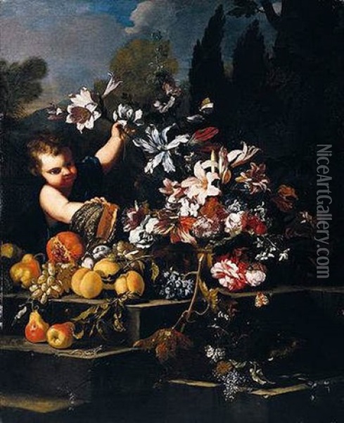 A Young Boy Arranging Flowers In An Urn With Peaches, Pears, Grapes, A Pomegranate And A Melon On Stone Steps In A Garden Oil Painting - Abraham Brueghel