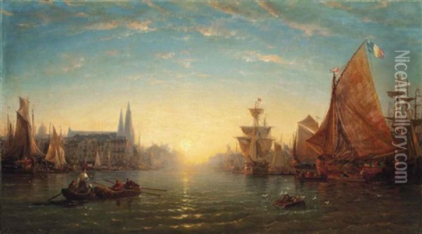 Shipping In A French Port At Dusk Oil Painting - Charles Euphrasie Kuwasseg