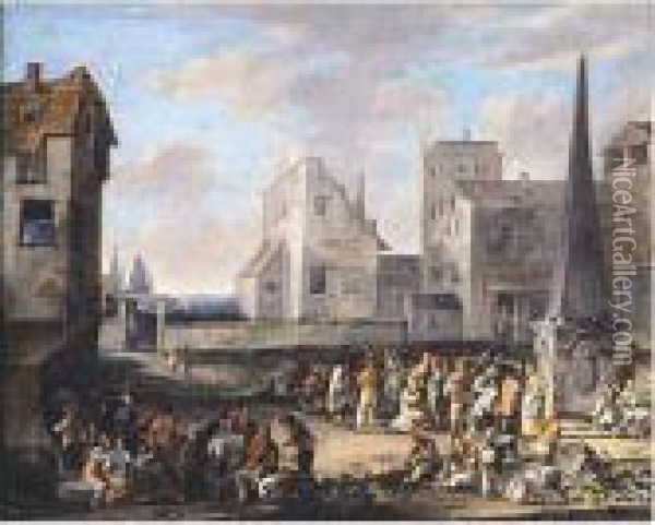 A Town Scene With Figures In A Square, Gathered Around An Obelisk Oil Painting - Franz Ferg