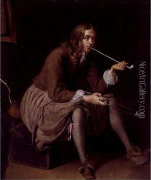 Seated Gentleman With A Pipe Oil Painting - Gerard Terborch