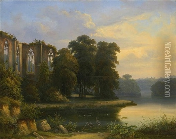Gothic Church Ruin In Evening River Landscape Oil Painting - Josef-Carl Ettinger