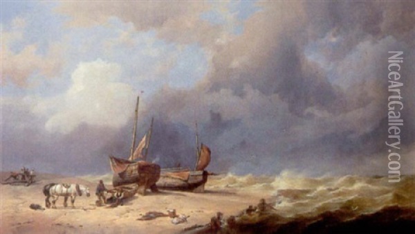 Fisherfolk Mending The Nets By Their Beached Vessels Oil Painting - Thomas Francis Wainewright