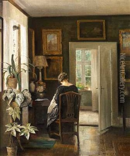 Interior Med Syende Kvinde Ved Vinduet Oil Painting - Carl Vilhelm Holsoe