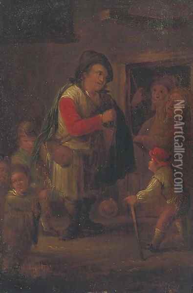 A pedlar at a cottage door Oil Painting - Adriaen Jansz. Van Ostade