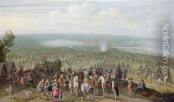 A Military Encampment with Militia on Horses, Troops and a Fortified Town Oil Painting - Pieter Snayers
