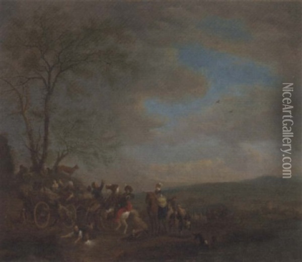 A Hawking Party Disputing With Travellers Oil Painting - Carel van Falens