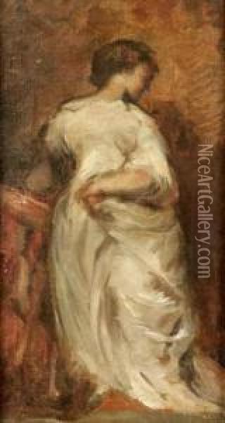Jeune Femme A La Robe Blanche Oil Painting - Thomas Couture